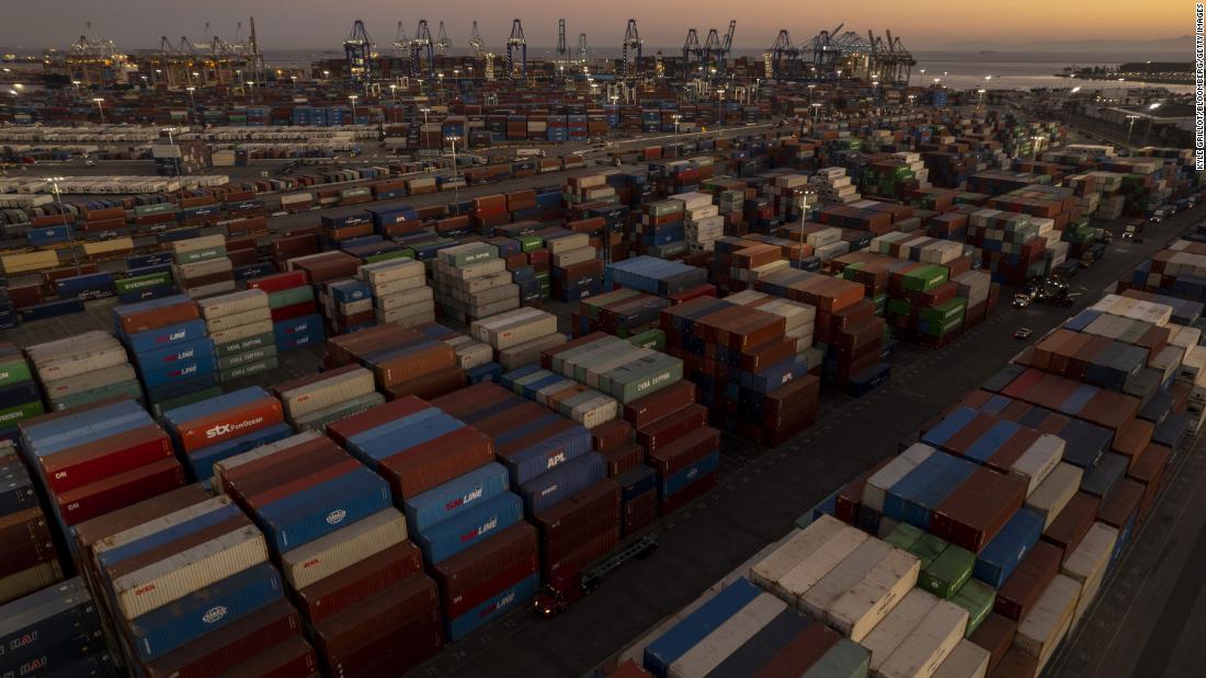 Shipping containers in the Port of Los Angeles are stacked high on October 13.