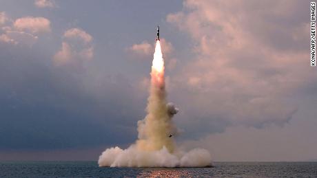 This picture taken on October 19, 2021 and released from North Korea's official Korean Central News Agency (KCNA) on October 20, 2021 shows test fire of a new type submarine-launched ballistic missile in an undisclosed location in North Korea. (Photo by various sources / AFP) / South Korea OUT / ---EDITORS NOTE--- RESTRICTED TO EDITORIAL USE - MANDATORY CREDIT "AFP PHOTO/KCNA VIA KNS" - NO MARKETING NO ADVERTISING CAMPAIGNS - DISTRIBUTED AS A SERVICE TO CLIENTS / THIS PICTURE WAS MADE AVAILABLE BY A THIRD PARTY. AFP CAN NOT INDEPENDENTLY VERIFY THE AUTHENTICITY, LOCATION, DATE AND CONTENT OF THIS IMAGE --- /  (Photo by STR/AFP via Getty Images)