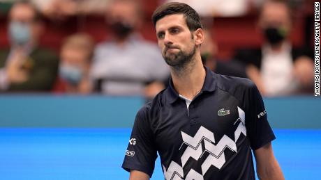 Djokovic reacts during his quarterfinals match against Lorenzo Sonego at the Erste Bank Open on October 30, 2020 in Vienna, Austria.