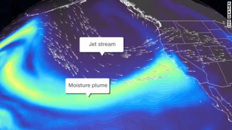 A forecast comuter model shows a plume of water called an atmopsheric river impacting California on Sunday. 