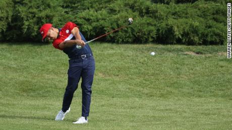 Schauffele plays his second shot on the second hole during Sunday&#39;s singles matches of the 43rd Ryder Cup.