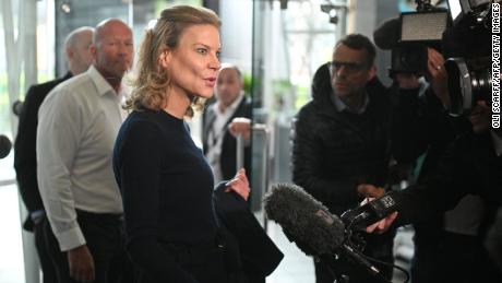Newcastle co-owner Amanda Staveley talks to the media as she leaves the foyer of St. James&#39; Park.