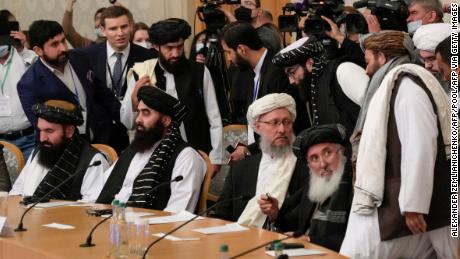 Deputy Prime Minister of Afghanistan&#39;s interim government Abdul Salam Hanafi (center) and members of the Taliban delegation attend an international conference on Afghanistan in Moscow on Wednesday.