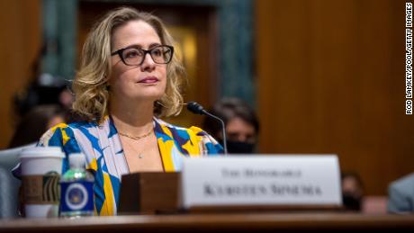 WASHINGTON, DC - OCTOBER 19: U.S. Sen. Kyrsten Sinema (D-AZ) speaks during a United States Senate Committee on Finance hearing to consider Chris Magnus&#39;s nomination to be Commissioner of U.S. Customs and Border Protection on October 19, 2021 in Washington, DC. The hearing for Magnus&#39;s confirmation comes after it was delayed for several months by Chairman Sen. Ron Wyden (D-OR), who called on the Department of Homeland Security to release documents related to the involvement of DHS in the street protests in Portland, Oregon. (Photo by Rod Lamkey-Pool/Getty Images)