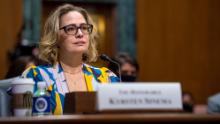 WASHINGTON, DC - OCTOBER 19: U.S. Sen. Kyrsten Sinema (D-AZ) speaks during a United States Senate Committee on Finance hearing to consider Chris Magnus&#39;s nomination to be Commissioner of U.S. Customs and Border Protection on October 19, 2021 in Washington, DC. The hearing for Magnus&#39;s confirmation comes after it was delayed for several months by Chairman Sen. Ron Wyden (D-OR), who called on the Department of Homeland Security to release documents related to the involvement of DHS in the street protests in Portland, Oregon. (Photo by Rod Lamkey-Pool/Getty Images)