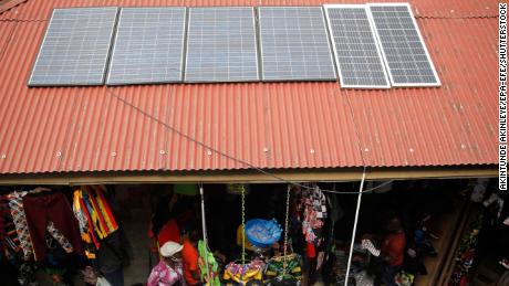 Solar panels on the rooftop of a street boutique in Lagos, Nigeria.