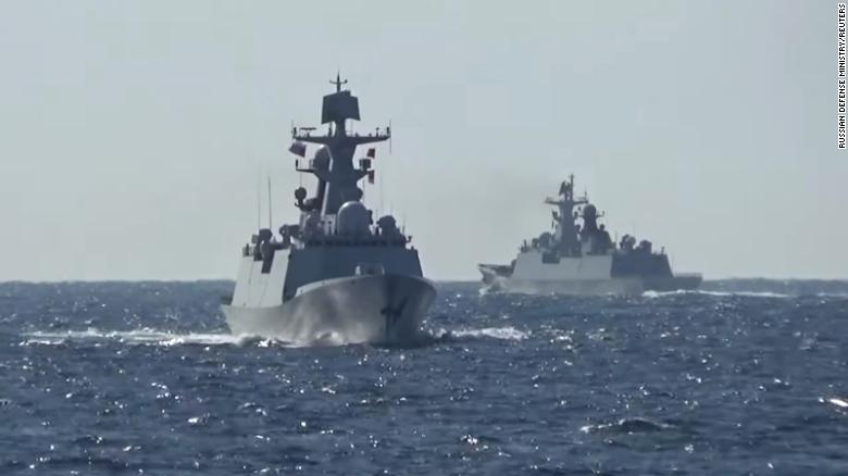 A group of naval vessels from Russia and China conduct a joint maritime military patrol in the waters of the Pacific Ocean, in this still image taken from video released on October 23, 2021.