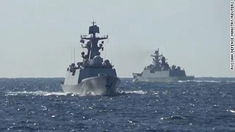 A group of naval vessels from Russia and China conduct a joint maritime military patrol in the waters of the Pacific Ocean, in this still image taken from video released on October 23, 2021. 
