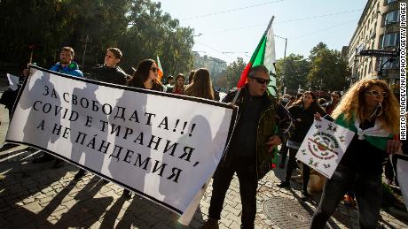 People protest against COVID-19 restrictions in Bulgaria on October 20 as cases continue to skyrocket in the region.