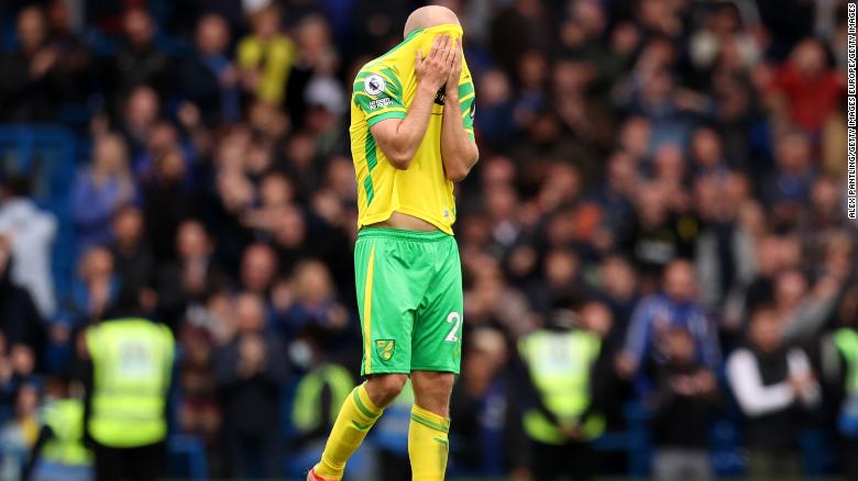 Norwich striker Teemu Pukki looks dejected following the defeat.