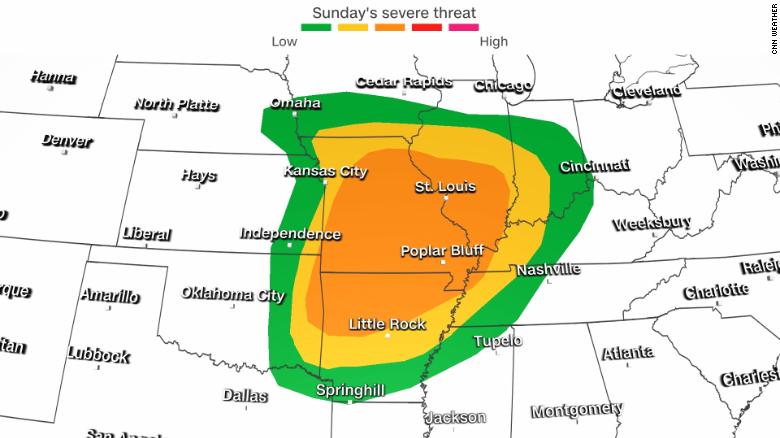 Storm Prediction Center&#39;s severe weather outlook Sunday into Sunday night.