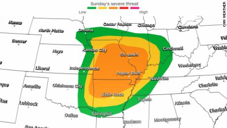 Prévisions de temps violent du Storm Prediction Center de dimanche à dimanche soir.