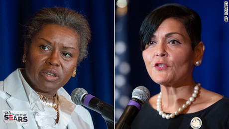 Virginia Republican Lt. Governor candidate Winsome Sears and Virginia Democratic Lt. Governor candidate Hala Ayala on Sept. 1, 2021 in McLean, Va. 