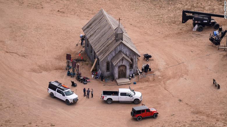 This aerial shot shows the movie-set church where the shooting occurred. The Bonanza Creek Ranch outside Santa Fe has appeared in dozens of Western movies and TV series.