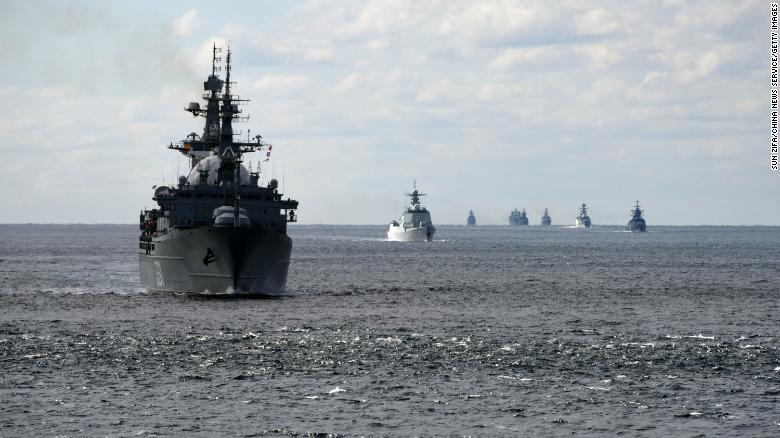 The warship formations of China and Russia sail through the Tsugaru Strait in northern Japan on October 18.