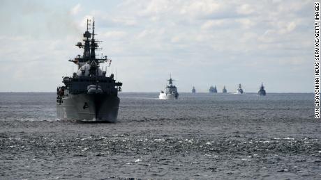 The warship formations of China and Russia sail through the Tsugaru Strait in northern Japan on October 18.