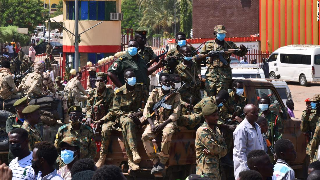 Sudanese security forces guard a military hospital and government offices during anti-coup protests in Omdurman on October 25.