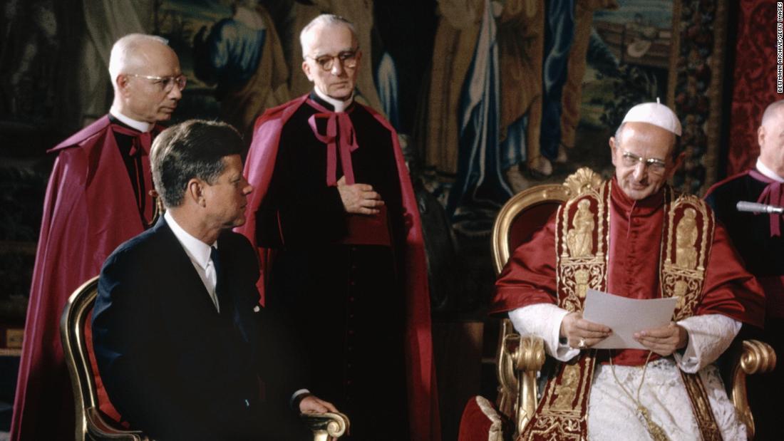 President John F. Kennedy talks with Pope Paul VI at the Vatican in 1963. Kennedy, who was the first Catholic president, met with the pontiff shortly after his coronation.