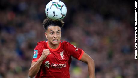 NORWICH, ENGLAND - SEPTEMBER 21: Kaide Gordon of Liverpool during the Carabao Cup Third Round match between Norwich City and Liverpool at Carrow Road on September 21, 2021 in Norwich, England. (Photo by Stephen Pond/Getty Images)