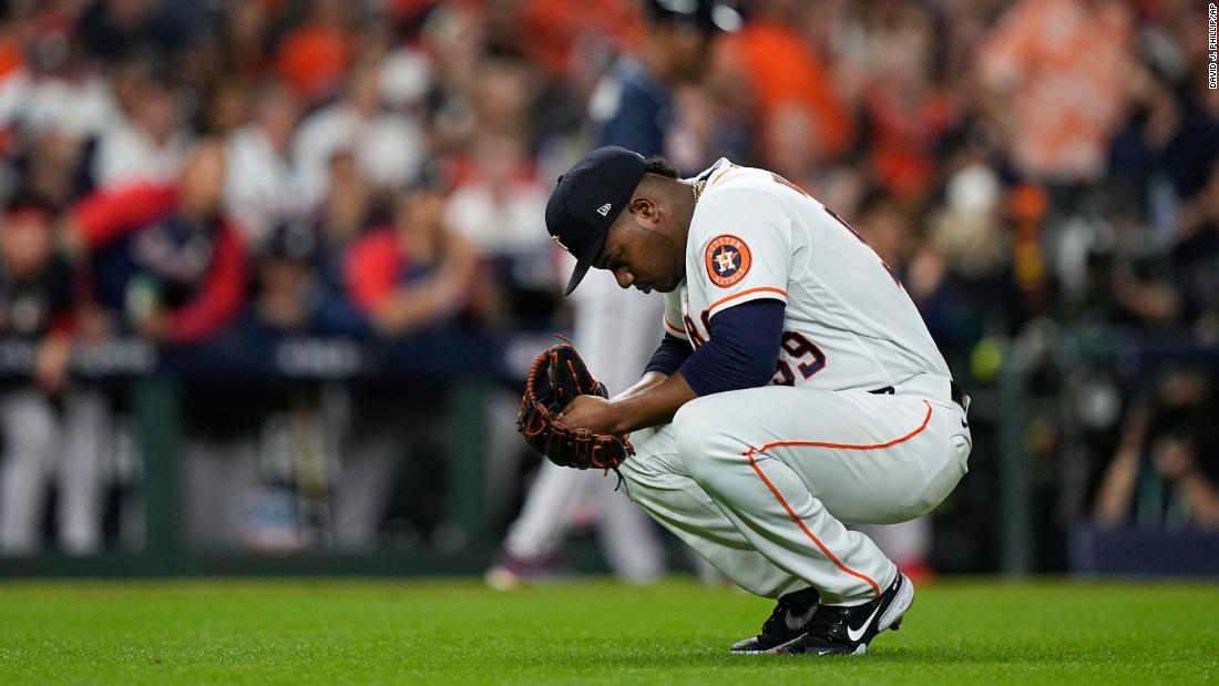 The Astros&#39; Framber Valdez reacts after loading the bases during the second inning of Game 1.
