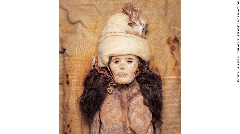 A naturally mummified Bronze Age woman, who was buried in Xiaohe in the Tarim Basin.