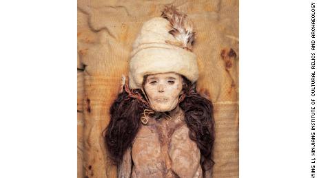 A naturally mummified Bronze Age woman, who was buried in Xiaohe in the Tarim Basin.