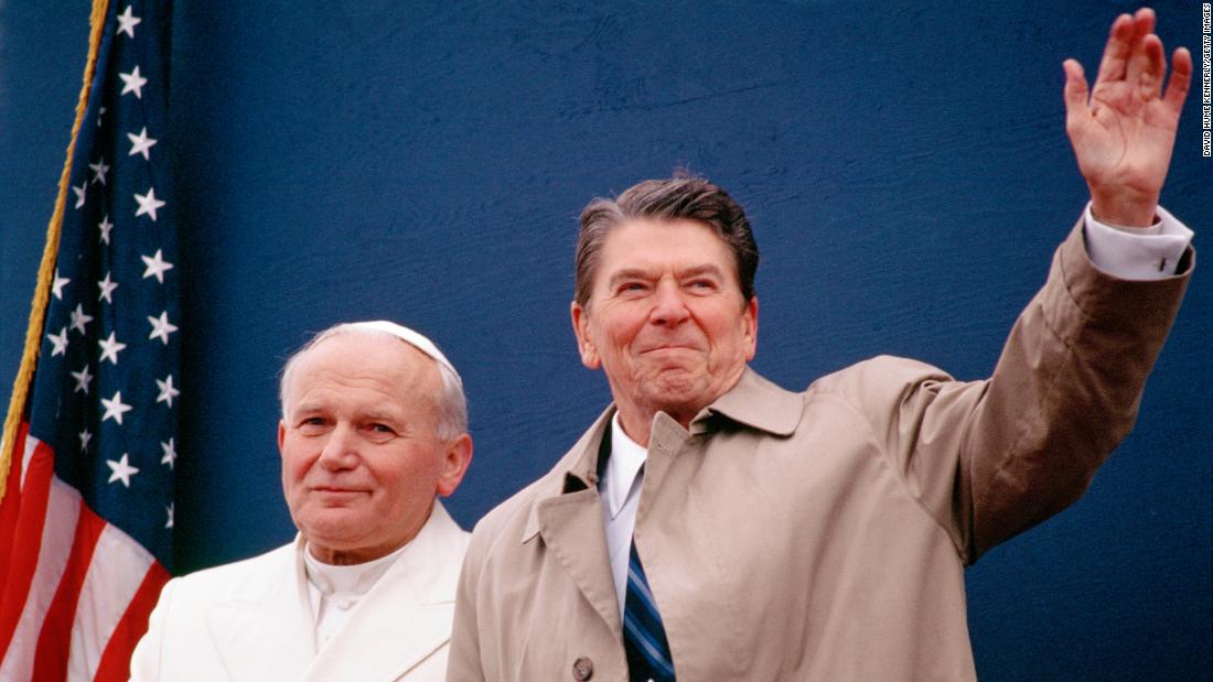 President Ronald Reagan meets with Pope John Paul II at the airport in Fairbanks, Alaska, in 1984. The Pope was making a layover on his way to South Korea, Papua New Guinea, the Solomon Islands and Thailand. Reagan was on his way home from China.