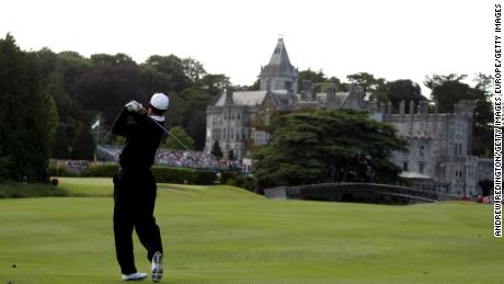 LIMERICK, IRELAND - JULY 05: Tiger Woods of the USA hits his second shot on the 18th hole during the first round of The JP McManus Invitational Pro-Am event at the Adare Manor Hotel and Golf Resort on July 5, 2010 in Limerick, Ireland. (Photo by Andrew Redington/Getty Images)