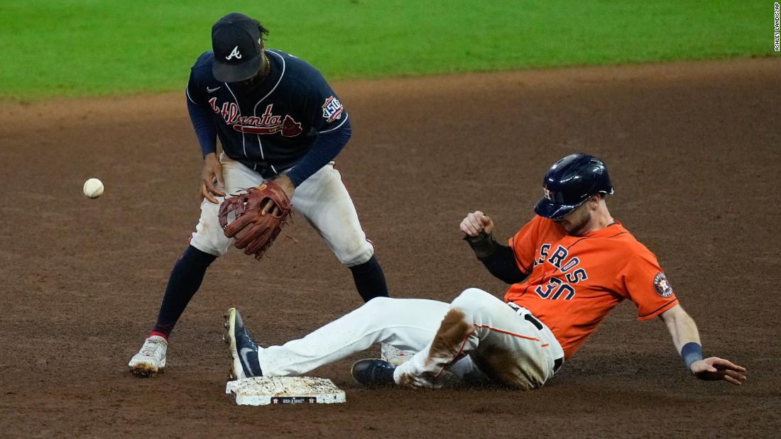 Astros&#39; Kyle Tucker is &lt;a href=&quot;https://www.cnn.com/sport/live-news/world-series-2021-braves-astros-game-2/h_5768beedc29897bc8986cec3113db70a&quot; target=&quot;_blank&quot;&gt;safe at second&lt;/a&gt; on a fielding error by Braves second baseman Ozzie Albies during the sixth inning in Game 2.