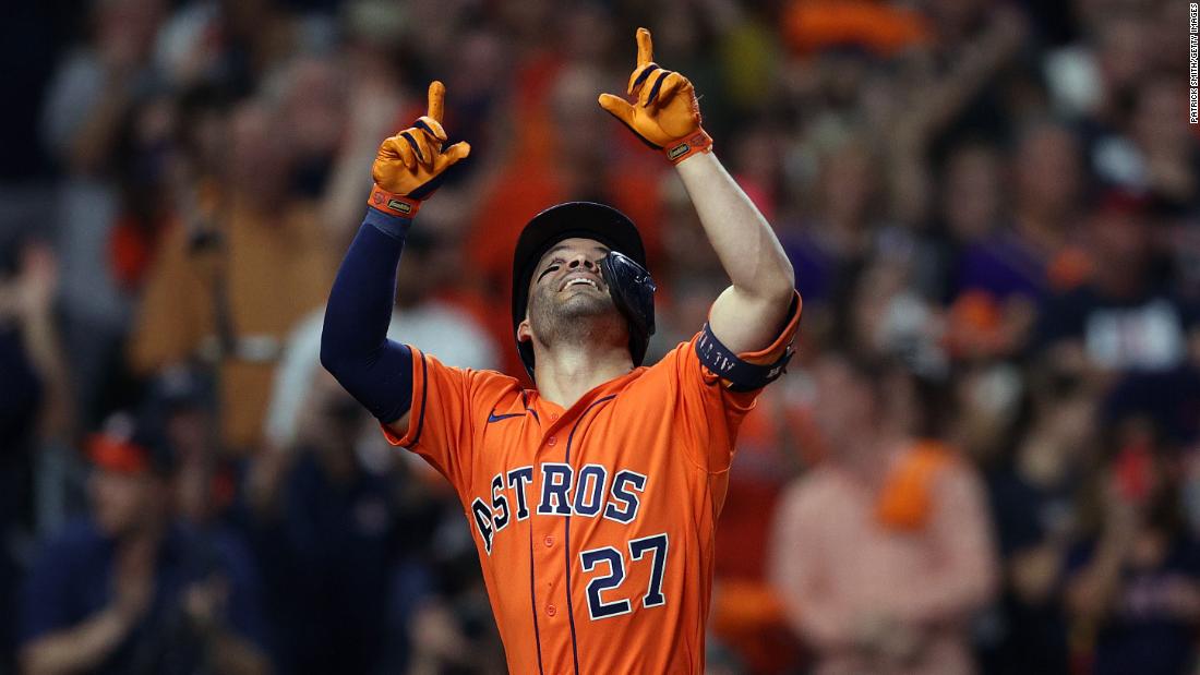 Jose Altuve of the Astros &lt;a href=&quot;https://www.cnn.com/sport/live-news/world-series-2021-braves-astros-game-2/h_bd32af3e4157b0cee633109cbd8972e5&quot; target=&quot;_blank&quot;&gt;celebrates after hitting a home run&lt;/a&gt; in Game 2.
