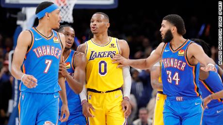 Los Angeles Lakers guard Russell Westbrook was ejected after a heated exchange Oklahoma City Thunder forward Darius Bazley.
