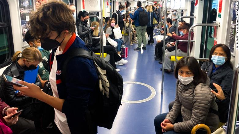 A metro train in Italy, where mask wearing is required in most indoor spaces.