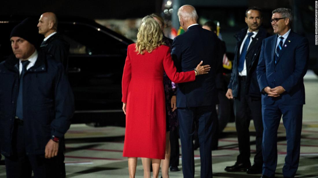 The Bidens are greeted Friday by officials upon their arrival at the Rome-Fiumicino International Airport.