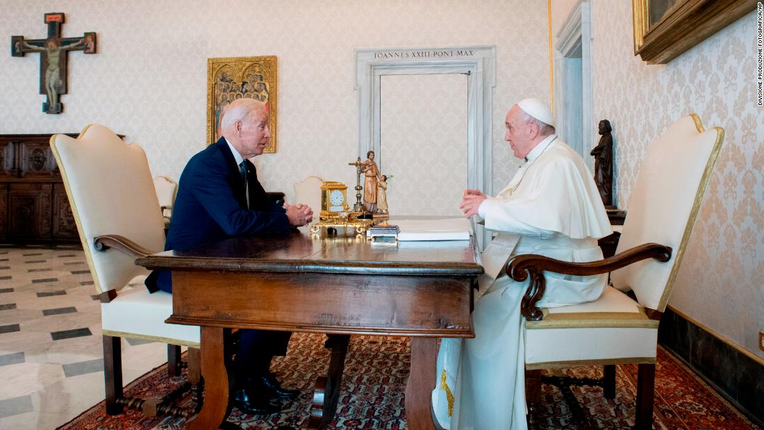 Biden talks with the Pope during their meeting on Friday. The meeting stretched twice as long as the one Biden held with Pope John Paul II as a young senator. Biden told reporters he discussed &quot;a lot of personal things&quot; with the pontiff.