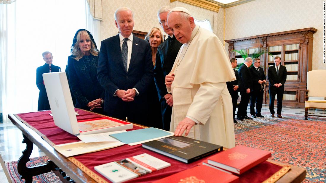 The Bidens exchange gifts with the Pope.