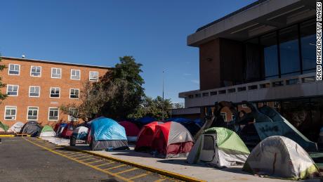 Tents are set up near Howard&#39;s Blackburn University Center, as students protest poor housing conditions on campus on October 25, 2021, in Washington, DC.