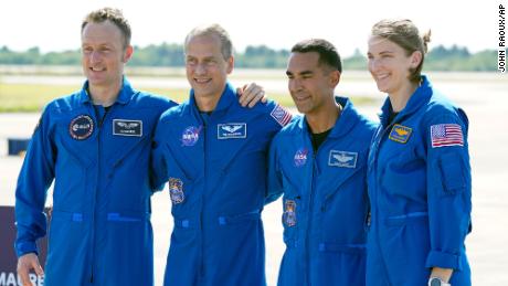 Mariners 3 astronauts from left: European Space Management astronaut Matthias Maurer, Germany, NASA astronauts Tom Marshburn, Raja Chari, and Kayla Barron when at the Kennedy Space Center in Cape Canaveral, Fla., on Tuesday, October 26 