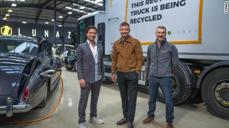 David Beckham&#39;s investment in Lunaz comes as the company, founded by David Lorenz (left) and Jon Hilton (right), expands into commercial vehicles, such as refuse trucks. 