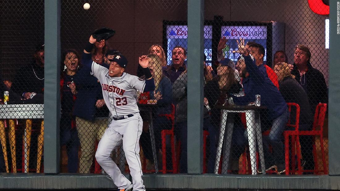 Michael Brantley of the Astros fails to catch a double, hit during the second inning.