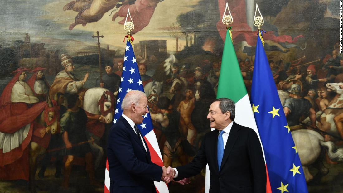 Biden shakes hands with Italian Prime Minister Mario Draghi during &lt;a href=&quot;https://www.cnn.com/2021/10/29/politics/mario-draghi-sergio-mattarella-biden-meeting/index.html&quot; target=&quot;_blank&quot;&gt;their meeting&lt;/a&gt; at the Chigi Palace in Rome on Friday. He also had a bilateral meeting with Italian President Sergio Mattarella at the Quirinale Palace.