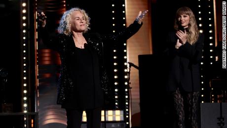 CLEVELAND, OHIO - OCTOBER 30: Inductee Carole King speaks onstage during the 36th Annual Rock &amp; Roll Hall Of Fame Induction Ceremony at Rocket Mortgage Fieldhouse on October 30, 2021 in Cleveland, Ohio. (Photo by Dimitrios Kambouris/Getty Images for The Rock and Roll Hall of Fame )