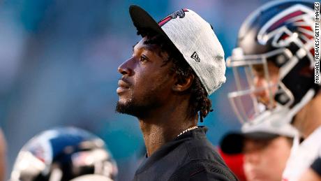 Calvin Ridley looks on during a preseason game against the Miami Dolphins at Hard Rock Stadium on August 21. 