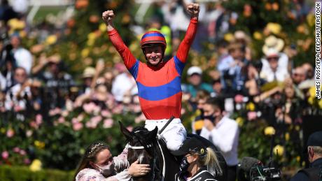 Jockey James McDonald reacts after riding Verry Elleegant to victory in  the Melbourne Cup November 2, 2021.