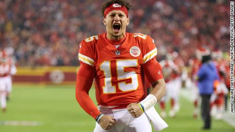 KANSAS CITY, MISSOURI - NOVEMBER 01: Patrick Mahomes #15 of the Kansas City Chiefs reacts before the start of the first half against the New York Giants at Arrowhead Stadium on November 01, 2021 in Kansas City, Missouri. (Photo by Jamie Squire/Getty Images)
