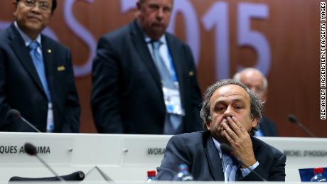 Then-UEFA President Michel Platini looks on at Sepp Blatter&#39;s 2015 re-election as FIFA President during the 65th FIFA Congress in Zurich, Switzerland.  