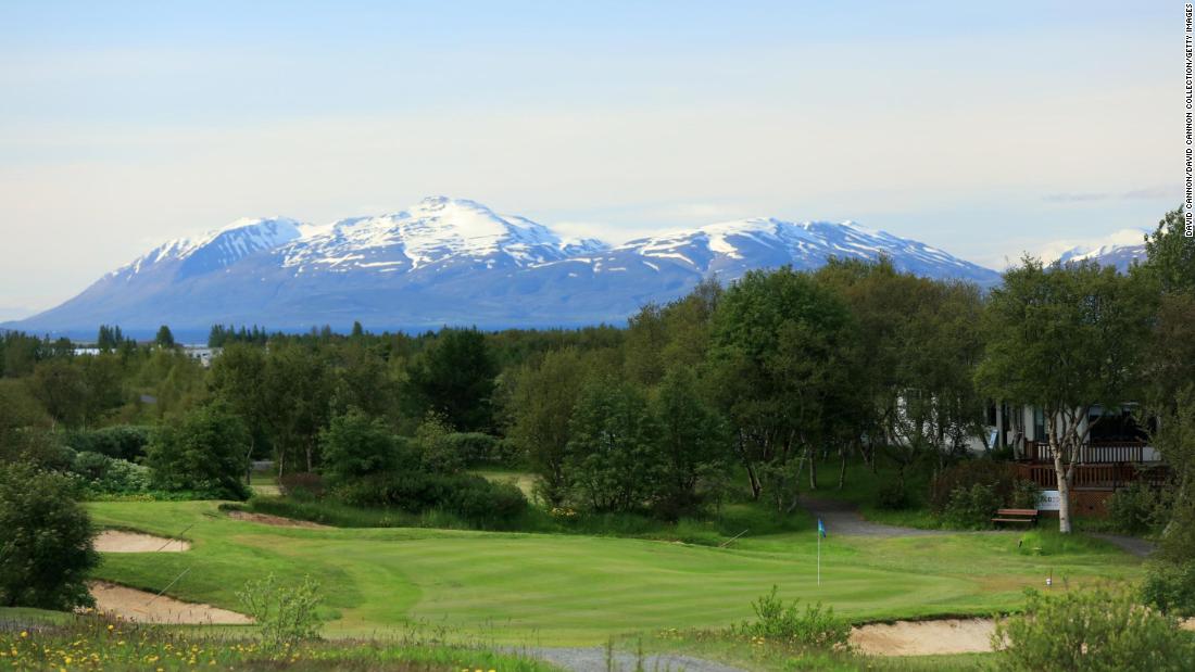 The par 3 18th hole at the Akureyri Golf Club. 
