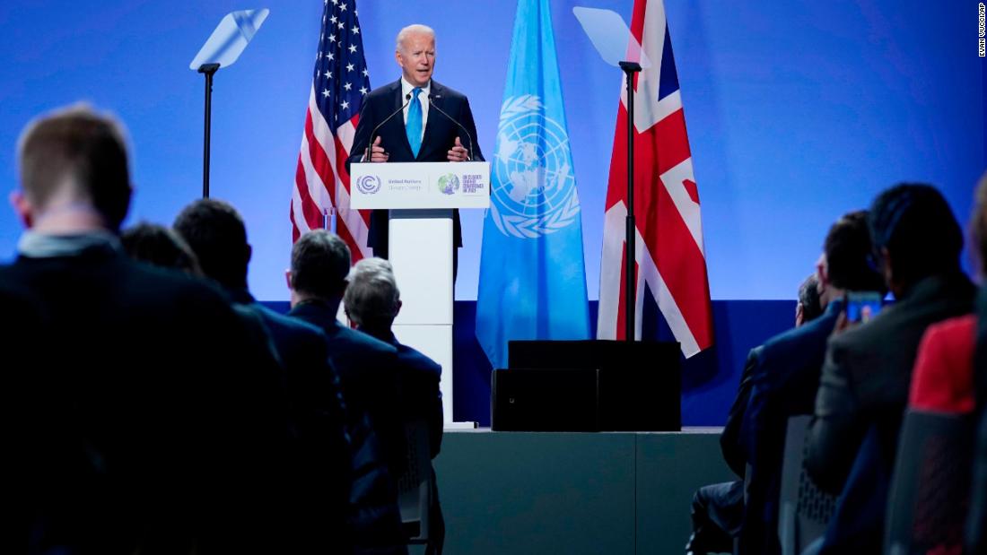 US President Joe Biden speaks during a news conference at COP26, a climate change summit in Glasgow, Scotland, on Tuesday, November 2.