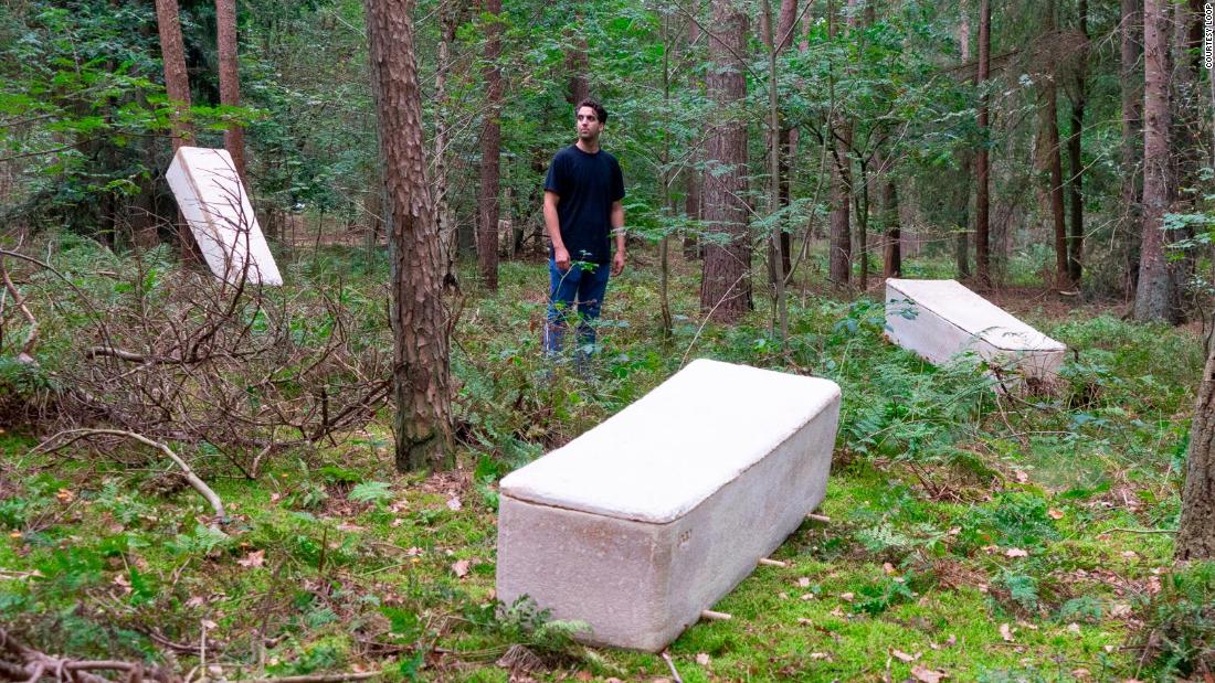 The coffin (pictured with inventor Bob Hendrikx) is designed to decompose in roughly 45 days once placed in the ground. A traditional wooden coffin, in comparison, can take up to 20 years.