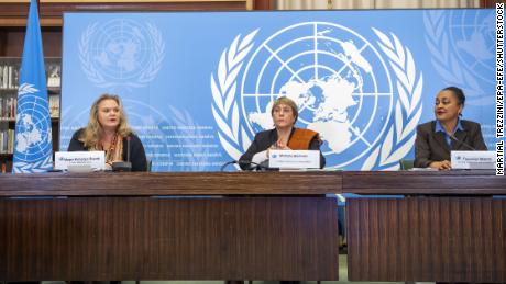 UN human rights chief Michelle Bachelet (center) speaks at a news conference about the joint investigation into the Tigray conflict at UN HQ in Geneva, Switzerland on Wednesday.