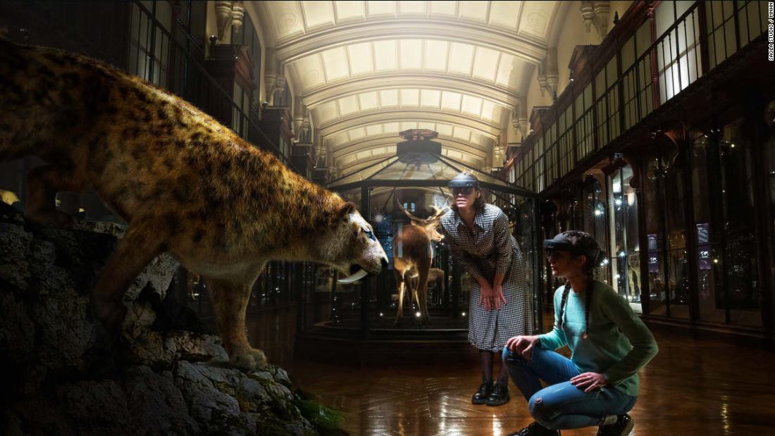 Launched as an AR installation at the National Museum of Natural History, visitors wear a headset and are guided through the Great Gallery of Evolution by an extinct migratory pigeon while a voice tells the story of the species and their extinction. You can see the large saber-toothed tiger (imagined above) yawn to show its teeth. 